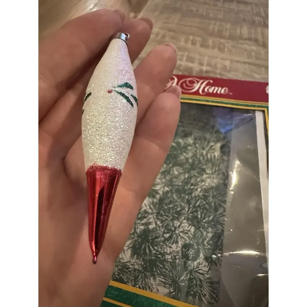 2-VTG Trim A Home Kmart Tear Drop Red White Green Glitter Glass Ornament Xmas